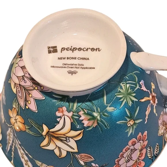 Peipocron British Floral Coffee/Tea Cup and Saucer Set With Gold Trim - 7 fl oz - Picture 9 of 9